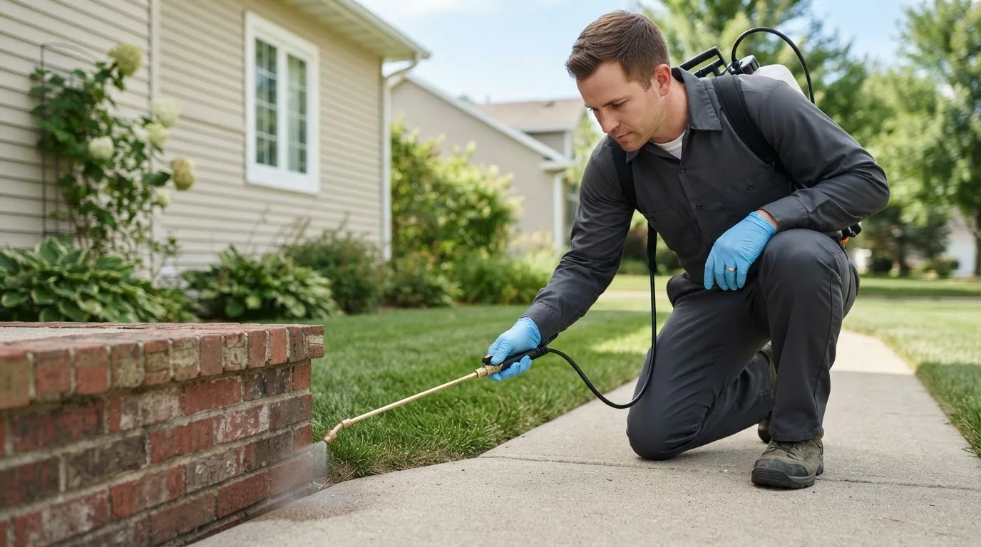 Pest control technician treating a home near Bowbells, ND